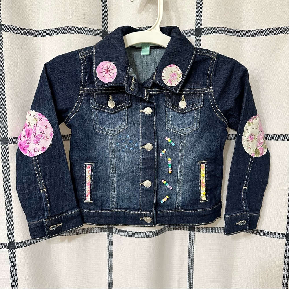 Say what? Girl, toddler 5T up, cycled, patchwork, floral Boho, Jean jacket.